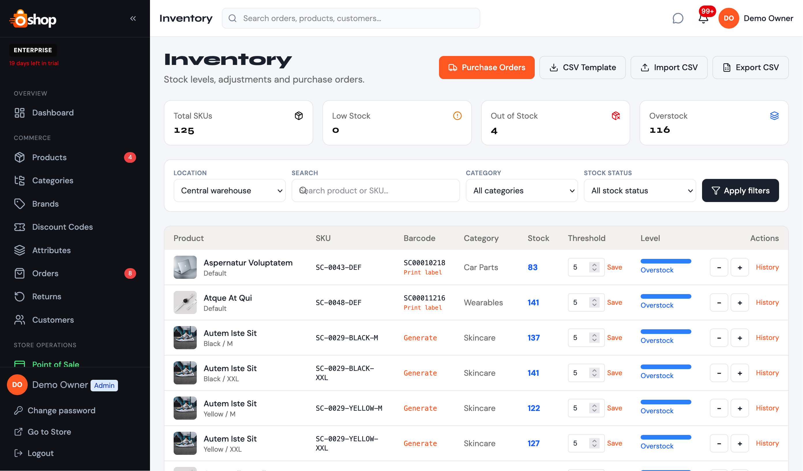 Oshop247 inventory list with stock level indicators