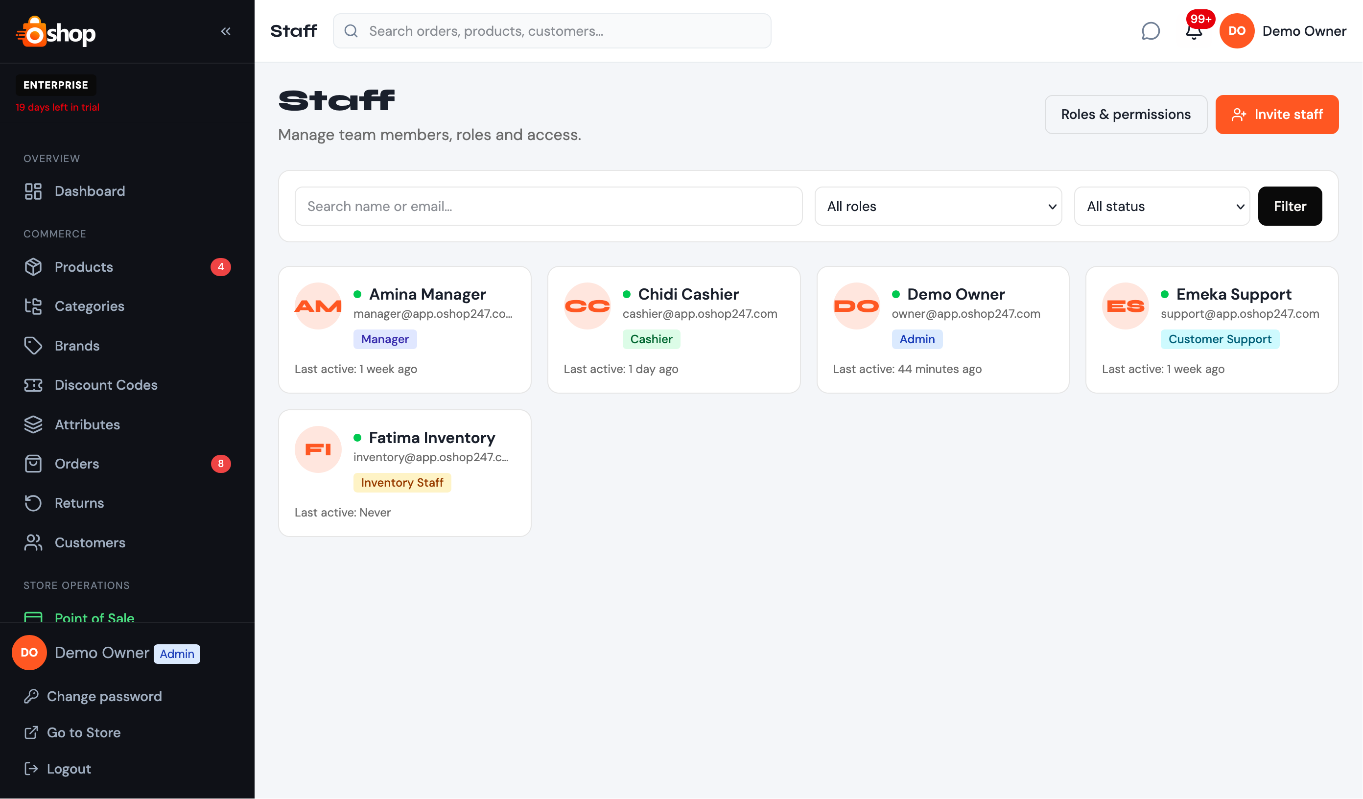 Oshop247 staff management with team members and role badges